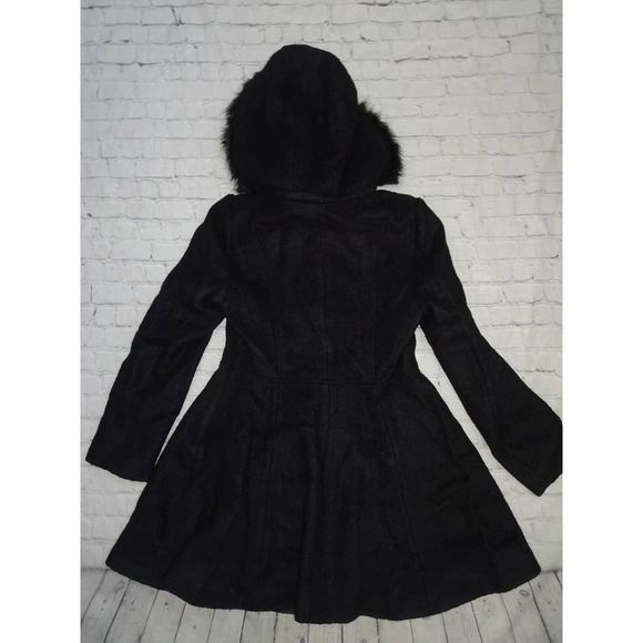 Liz Claiborne Sz M Women's Black Boucle Faux Fur Hooded Wool Blend Swing Coat - Picture 2 of 9